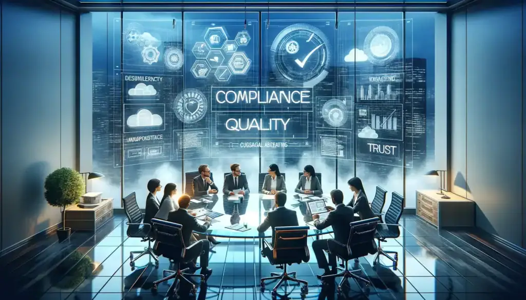Office team discussing compliance, quality, and trust