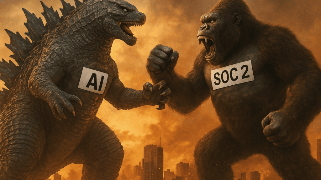 AI versus SOC 2 depicted as a monster showdown