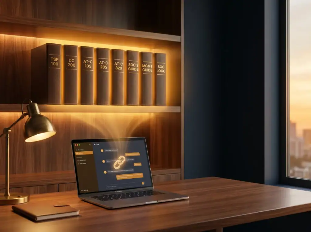 Authoritative SOC 2 guidance repository — eight AICPA standard binders glowing on a study shelf beside a laptop with an AI chat assistant